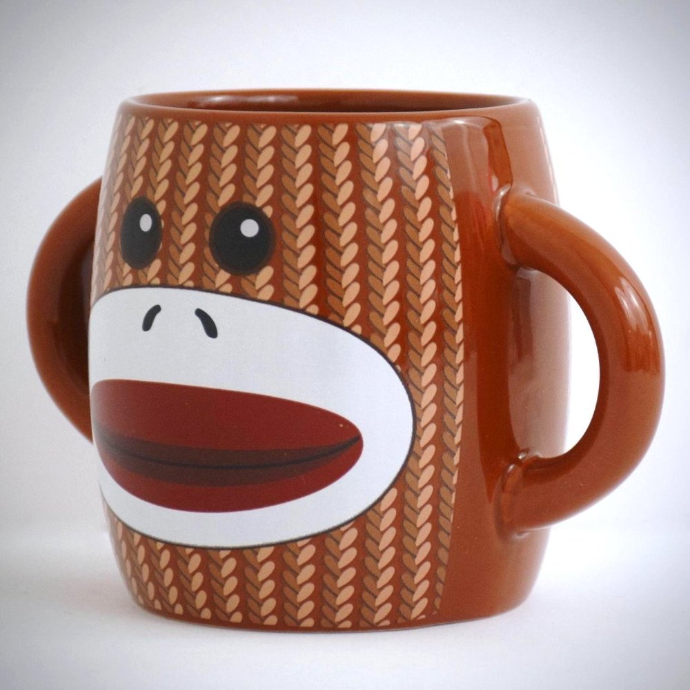 😎 Sock Monkey Double Handled Coffee Mug Brown Galerie Ceramic Tea Cocoa Cup